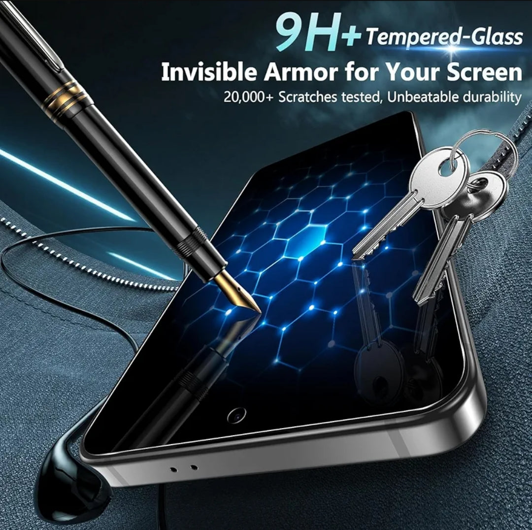 A smartphone shown at an angle on a dark textured surface, with a black stylus placed on the screen and two keys resting on the right side. Large text at the top reads '9H+ Tempered-Glass Invisible Armor for Your Screen' with supporting copy about 20,000+ scratch tests.