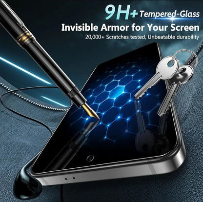 A smartphone shown at an angle on a dark textured surface, with a black stylus placed on the screen and two keys resting on the right side. Large text at the top reads '9H+ Tempered-Glass Invisible Armor for Your Screen' with supporting copy about 20,000+ scratch tests.
