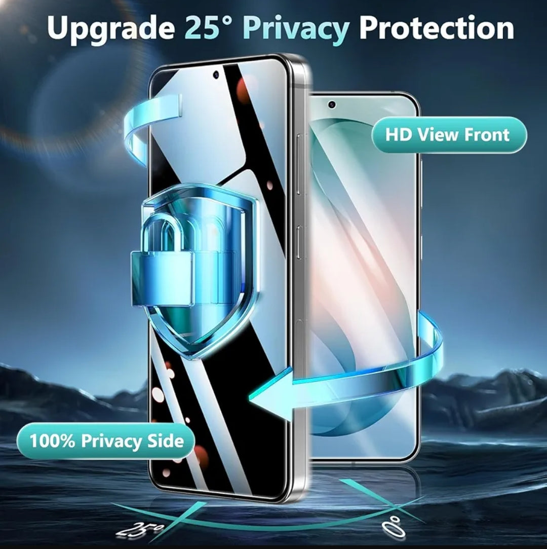 Two smartphone mockups with privacy protection graphics, including a blue shield and lock icon on the front screen, plus text reading 'Upgrade 25° Privacy Protection,' 'HD View Front,' and '100% Privacy Side' on a dark blue illustrated background.