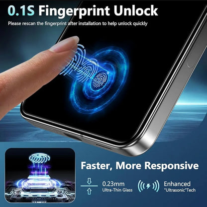 A smartphone with a blue fingerprint unlock graphic on screen, shown with a finger touching the display. Text reads '0.