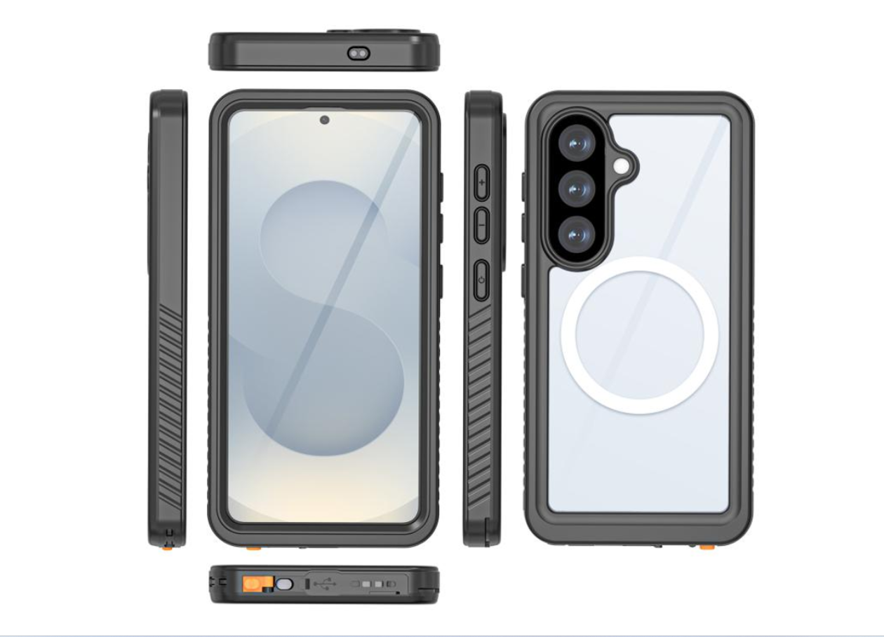 Rugged phone case with multiple views on a white background
