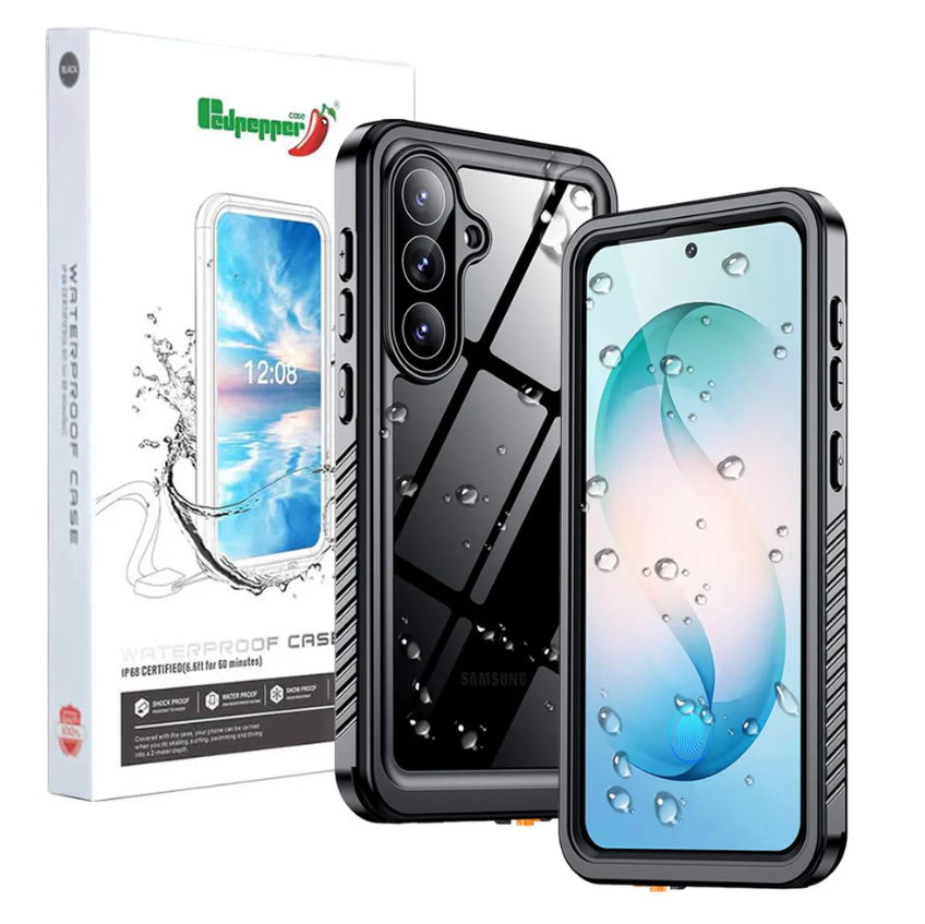 Phone case with packaging featuring a brand logo on a white background