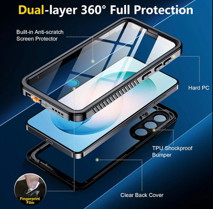 Phone case with dual-layer 360° full protection features on a blue background