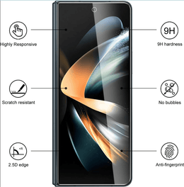 A smartphone shown from the back with callout icons and text highlighting product features: highly responsive touch, 9H hardness, scratch resistance, no bubbles, 2.5D edge, and anti-fingerprint protection.