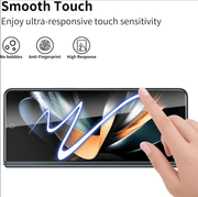 A hand touching a smartphone screen to demonstrate touch sensitivity, with marketing text at the top reading 'Smooth Touch' and feature icons for no bubbles, anti-fingerprint, and high response.
