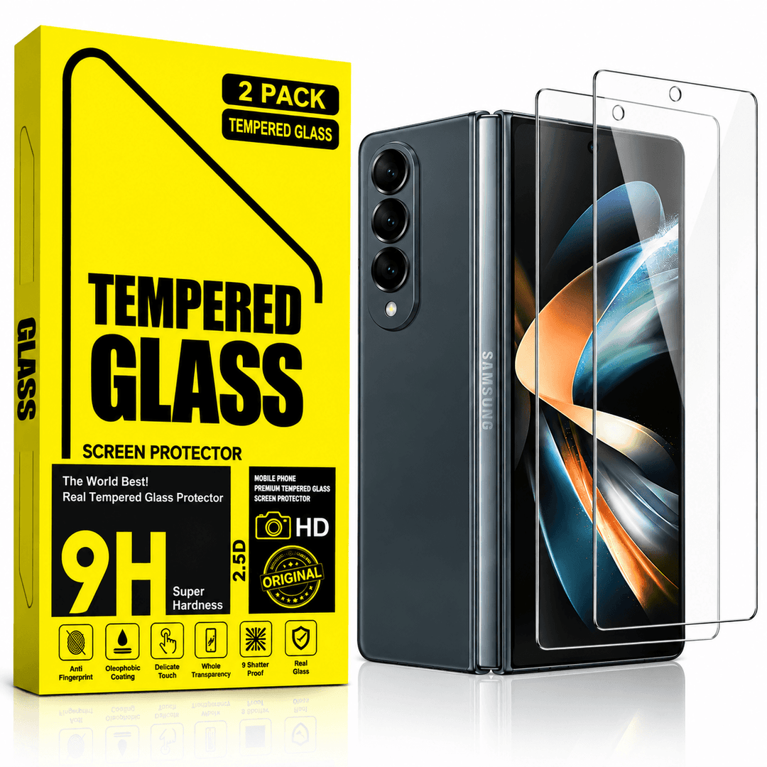 A 2-pack of tempered glass screen protectors shown next to a black Samsung foldable smartphone, with the packaging box on the left. The packaging is bright yellow with black text highlighting features like 9H hardness and HD screen protection.