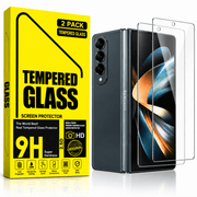 A 2-pack of tempered glass screen protectors shown next to a black Samsung foldable smartphone, with the packaging box on the left. The packaging is bright yellow with black text highlighting features like 9H hardness and HD screen protection.