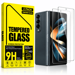 A 2-pack of tempered glass screen protectors shown next to a black Samsung foldable smartphone, with the packaging box on the left. The packaging is bright yellow with black text highlighting features like 9H hardness and HD screen protection.
