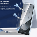 A clear tempered glass screen protector is shown floating over a smartphone, with text reading '9H Hardness Anti Scratch' and illustrated sharp objects being pushed away to demonstrate scratch resistance.