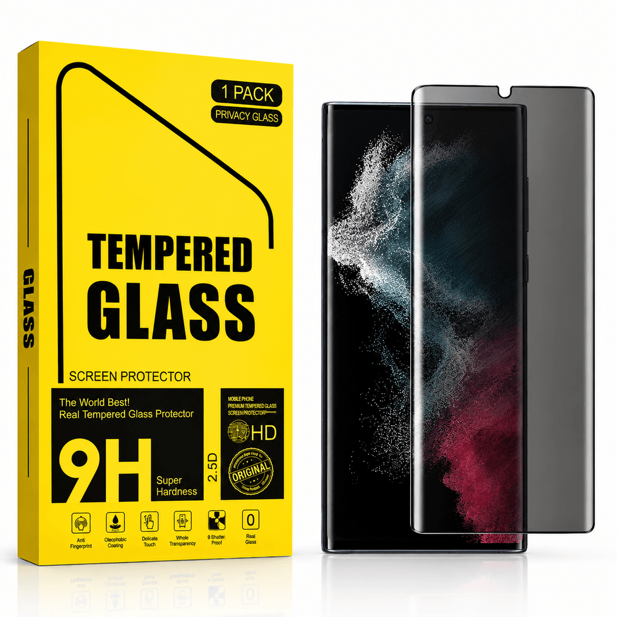 Yellow Tempered Glass screen protector box shown beside two smartphone mockups displaying the protector fit, on a clean white background.