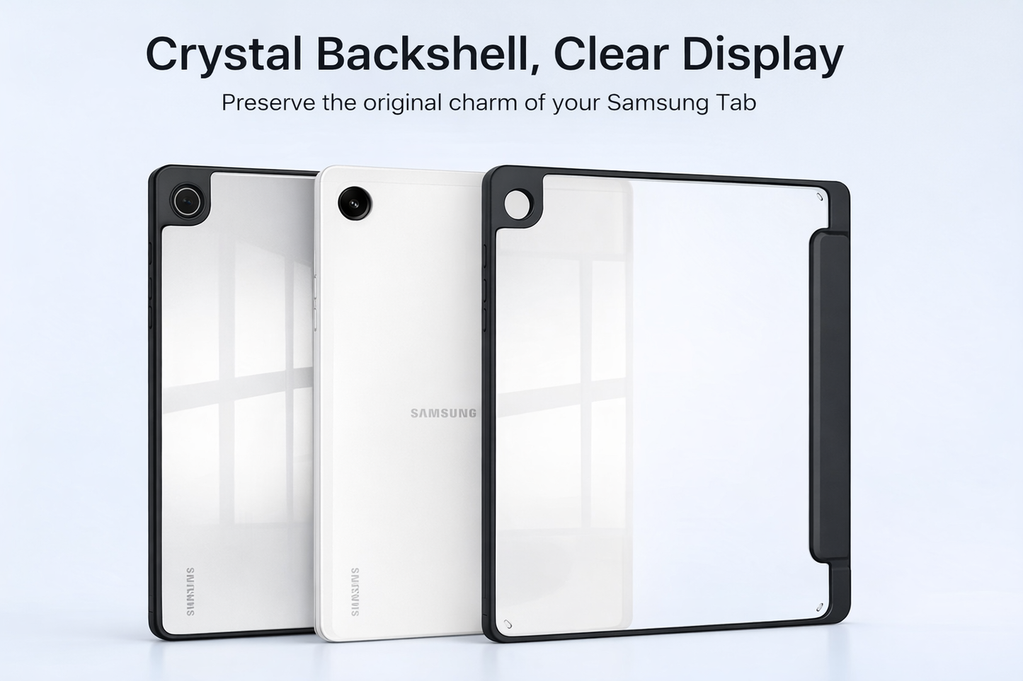 Samsung tablet case with crystal backshell and clear display on a white background