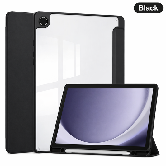 Black tablet case with a clear screen protector on a white background