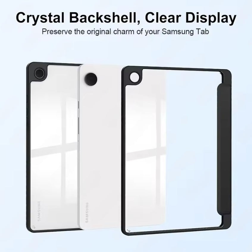 Samsung tablet case with crystal backshell and clear display on a light blue background