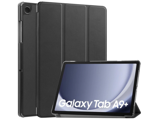 Black tablet case for Samsung Galaxy Tab A9+ on a white background