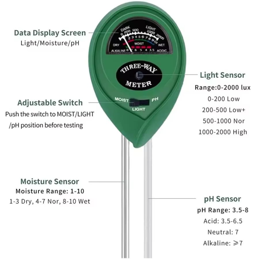 Soil Tester - pH, Moisture, Light Meter - 3 in 1