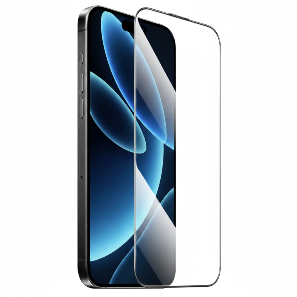 Smartphone with a transparent screen protector on a white background