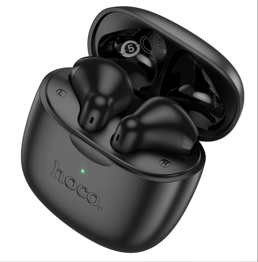 Black wireless earbuds in a charging case on a white background