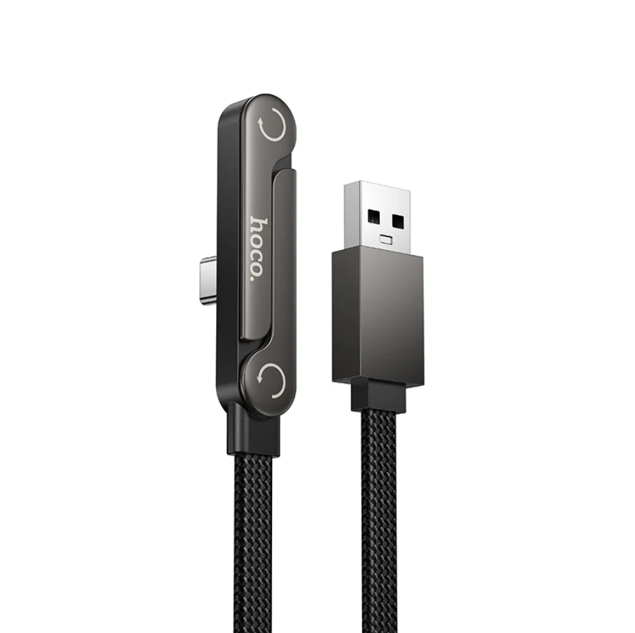 A black braided USB-C charging cable with a metal USB-A connector, featuring a black smart plug head with the 'hoco.' logo printed vertically on the side.