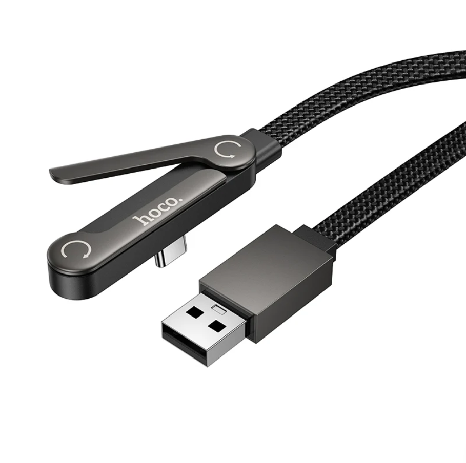 Black USB cable with metallic connector on a white background
