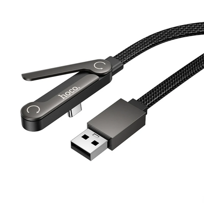 Black USB cable with metallic connector on a white background