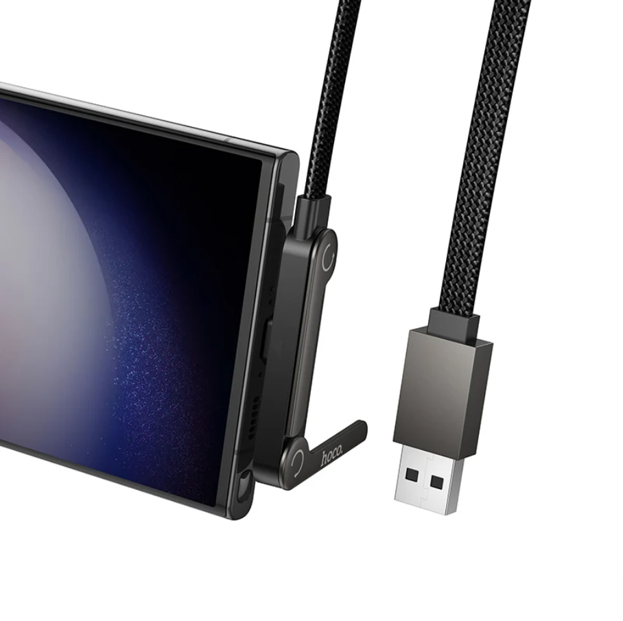 Smartphone with a USB cable attached on a white background