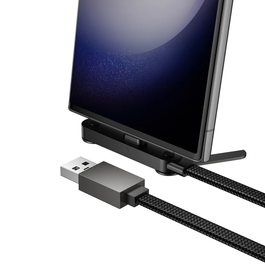 Phone dock with USB cable attached to a smartphone on a white background