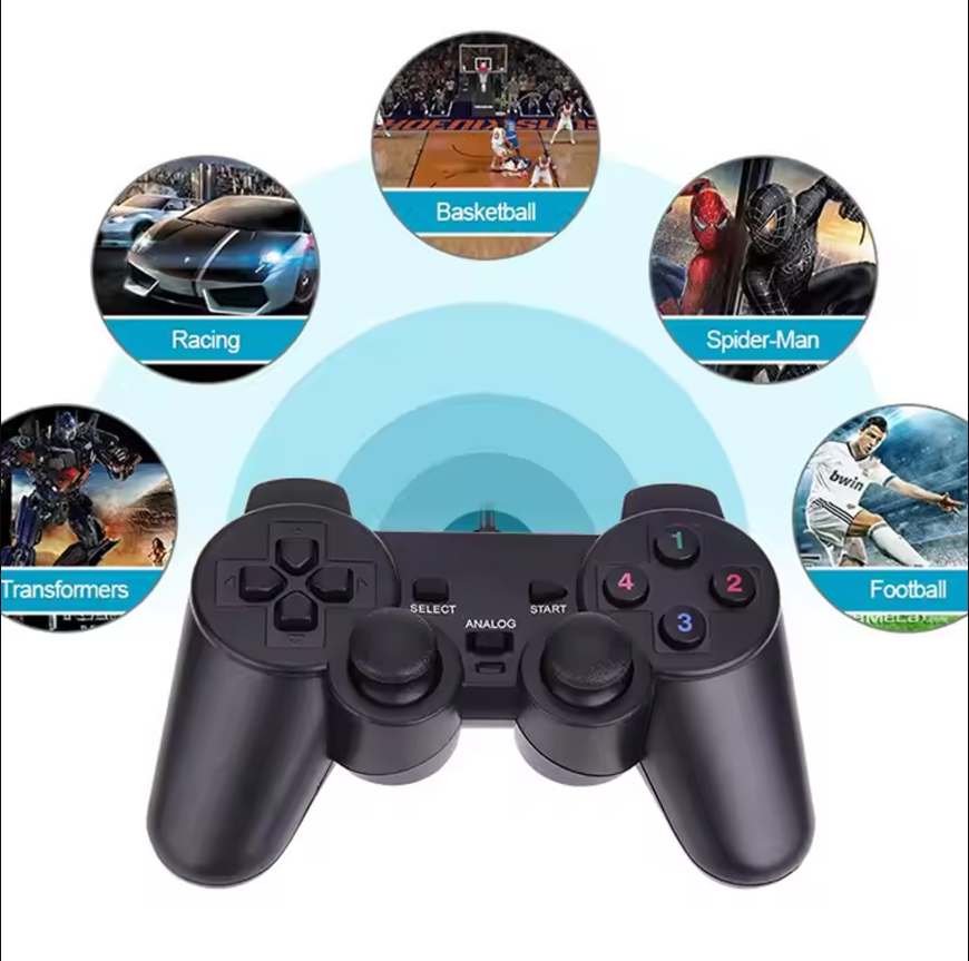 Black gaming controller with circular icons displaying games on a white background