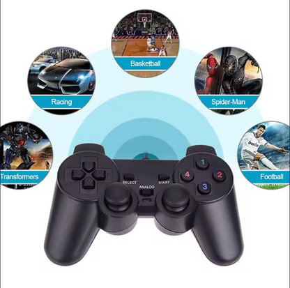 Black gaming controller with circular icons displaying games on a white background