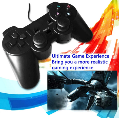Black gaming controller with colorful abstract design and text about gaming experience.