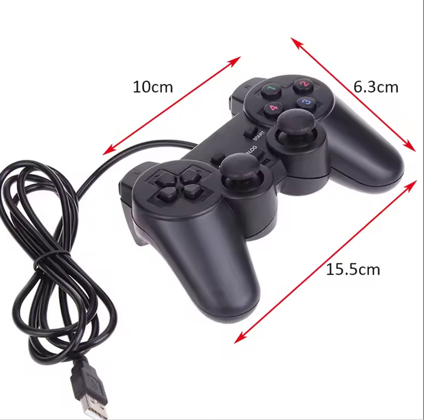 Pair of black gaming controllers with USB cable, showing dimensions on a white background.