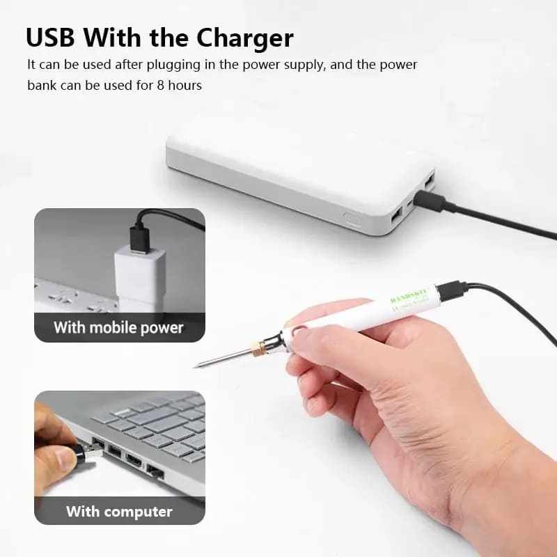 USB Soldering Iron Set - 8W Adjustable Temp, Ceramic Core & Tip