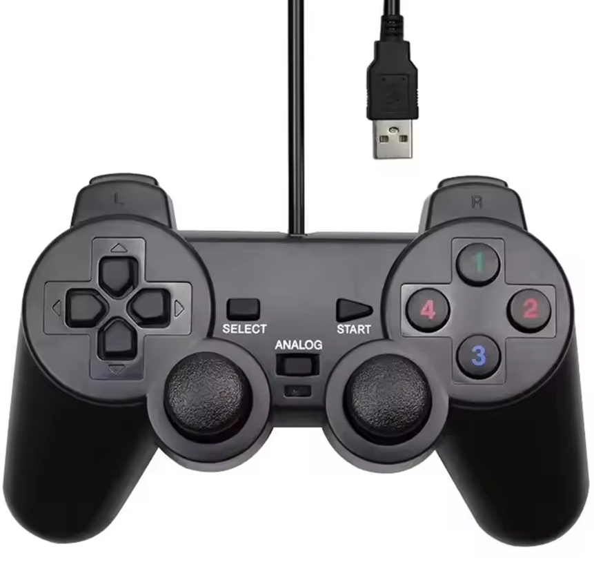 Black gaming controller with USB cable on a white background