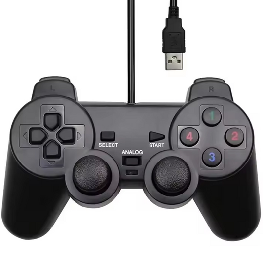Black gaming controller with USB cable on a white background