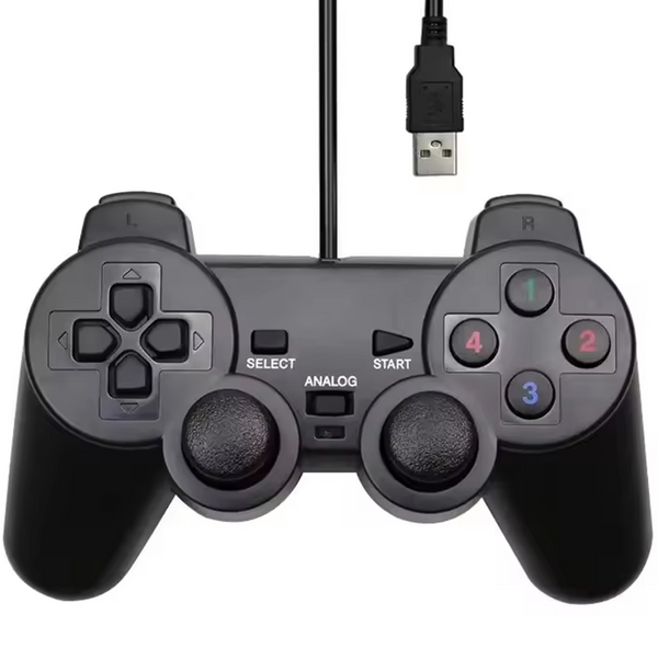 Black gaming controller with USB cable on a white background