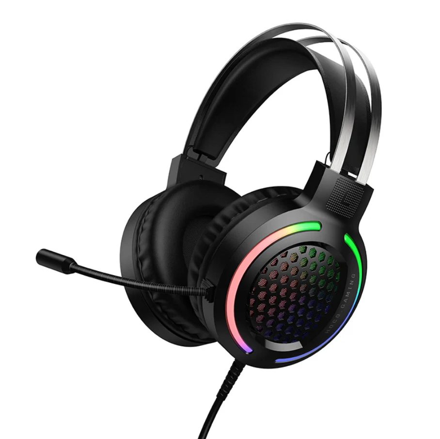 Black over-ear gaming headset with a flexible boom microphone, featuring RGB rainbow LED lighting accents on the ear cup, shown on a solid white background.