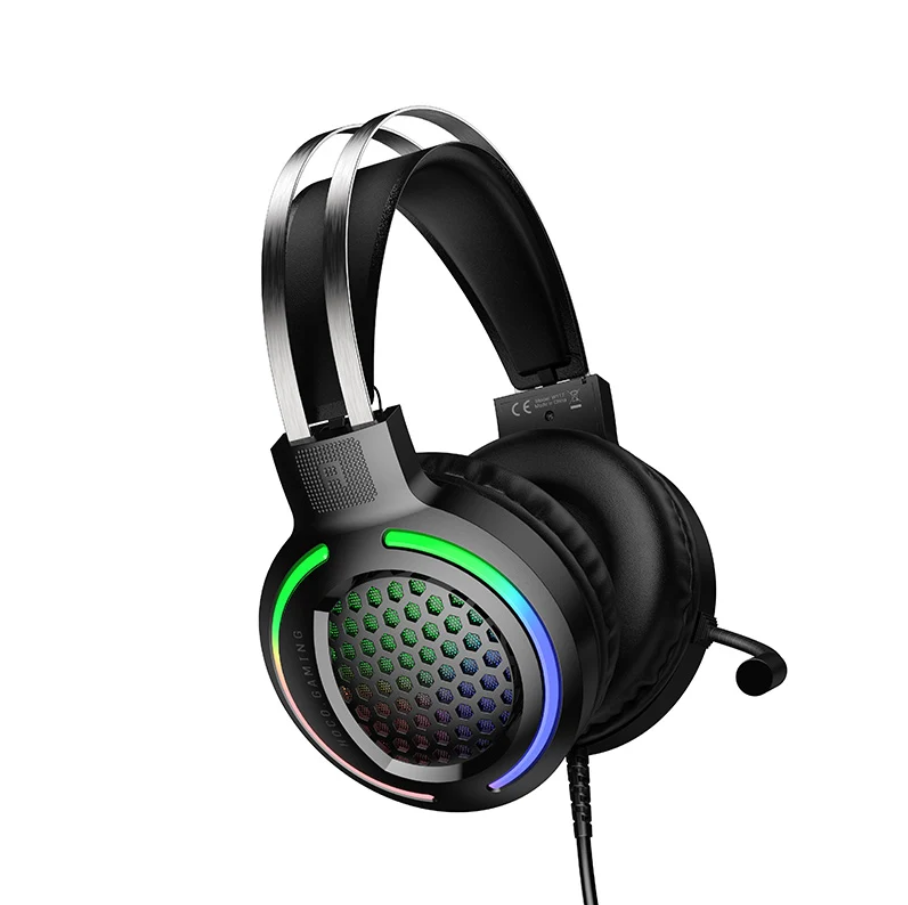 Black over-ear gaming headphones with RGB LED lighting around the ear cup, a flexible boom microphone, and a padded headband, shown on a plain white background.