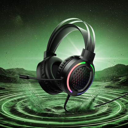 A black over-ear gaming headset with a boom microphone and multicolor RGB lighting, floating over a green digital landscape with sound wave effects.