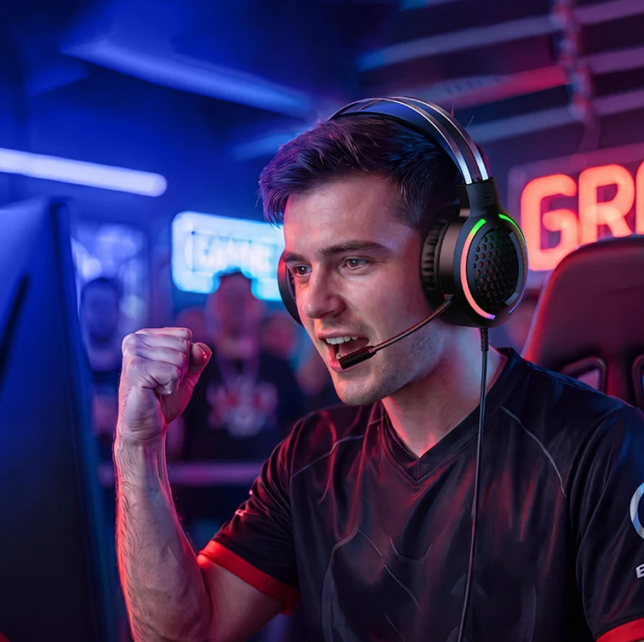 A man wearing a black and red gaming headset with a microphone, celebrating with a raised fist in a gaming setup with blue and red neon lighting.
