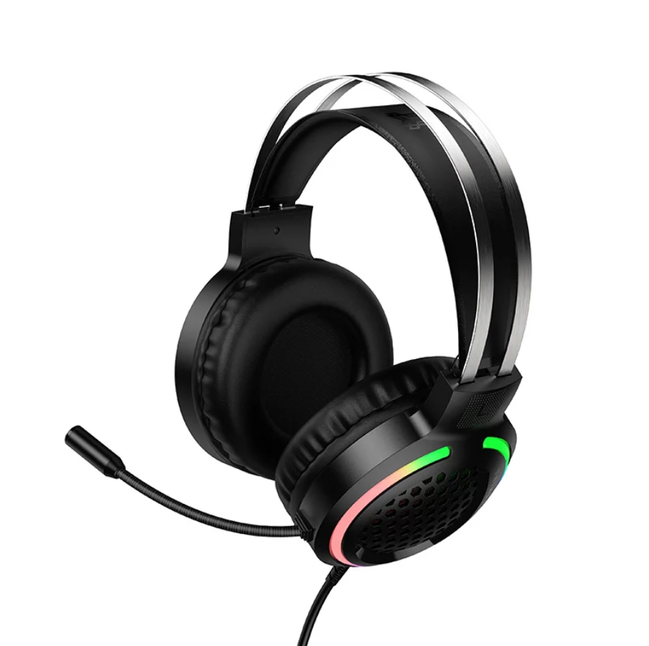 Black over-ear gaming headset with a flexible boom microphone, silver metallic headband accents, and RGB LED lighting on the ear cup, shown on a solid white background.