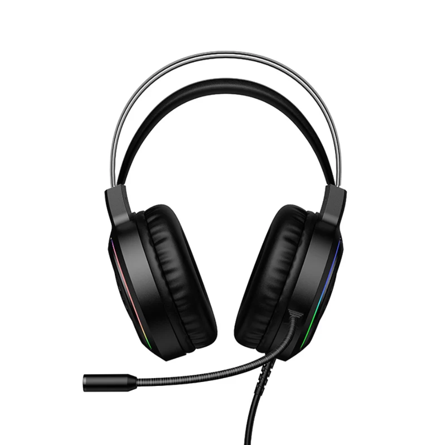 Black over-ear gaming headset with a flexible boom microphone, shown on a solid white background.