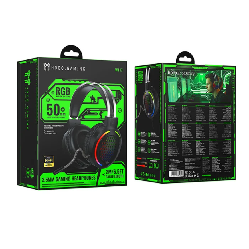 Hoco Gaming RGB 50mm gaming headphones retail packaging shown from the front and back, featuring a black box with bright green accents and a printed image of the over-ear headphones.