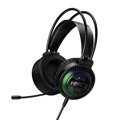 Black over-ear gaming headset with a boom microphone, padded headband, and RGB LED lighting accents on the ear cup, shown on a plain white background.