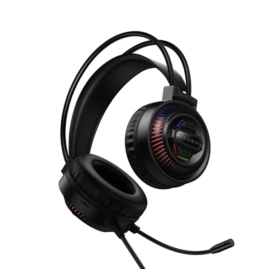 Black over-ear gaming headset with a flexible boom microphone and RGB LED lighting accents on the earcups, shown on a plain white background.