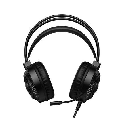 Black over-ear gaming headset with a flexible boom microphone, padded headband, and ear cups, shown on a plain white background.