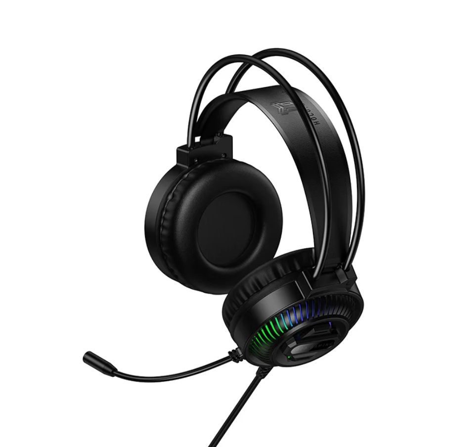 Black over-ear gaming headset with an adjustable boom microphone, padded headband, and RGB lighting accents on the ear cup, shown on a plain white background.