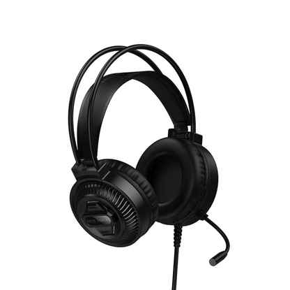 Black over-ear gaming headset with a flexible boom microphone, shown on a solid white background.