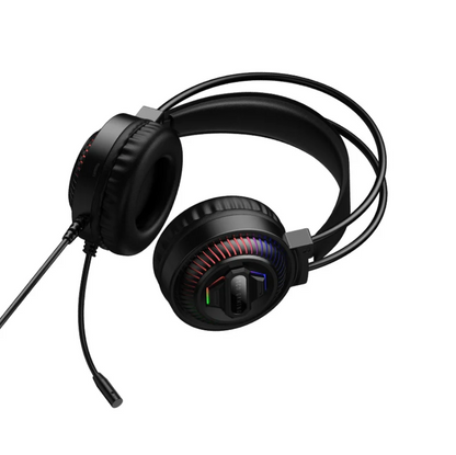 Black over-ear gaming headset with a flexible boom microphone, padded headband, and RGB lighting accents on the ear cup, shown on a plain white background.