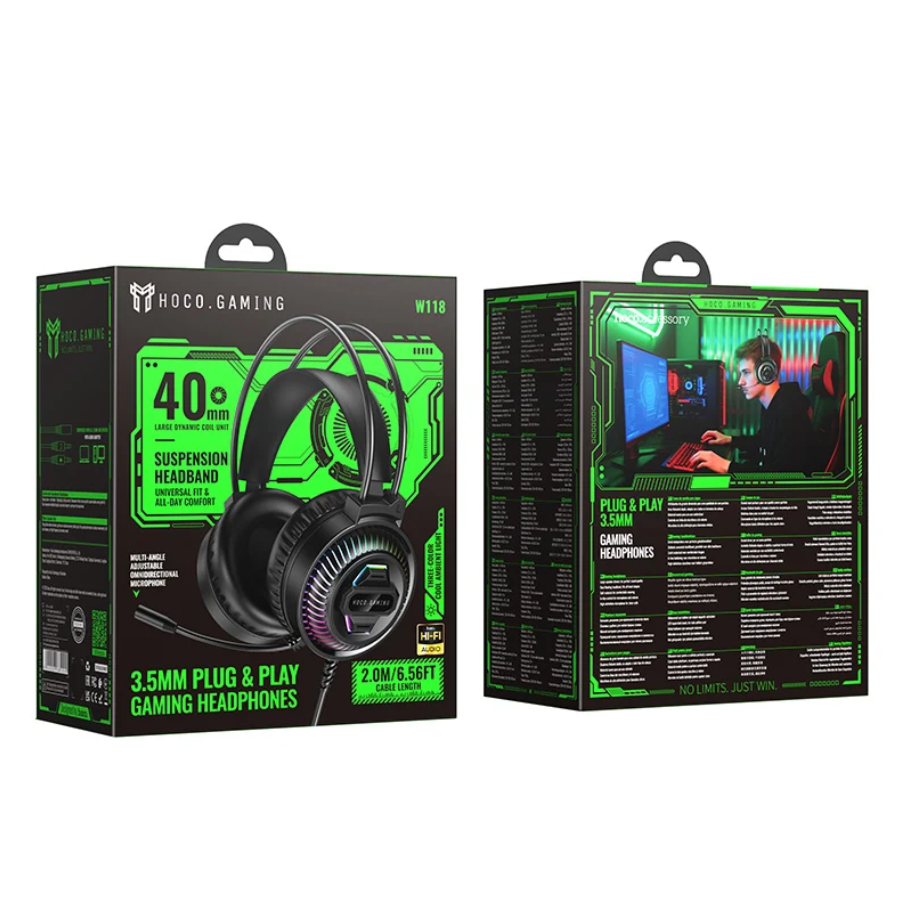 NOCO GAMING W110 3.5mm Plug & Play Gaming Headphones shown in its retail packaging, featuring a black box with vibrant green accents and a graphic of the over-ear headset.