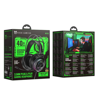 NOCO GAMING W110 3.5mm Plug & Play Gaming Headphones shown in its retail packaging, featuring a black box with vibrant green accents and a graphic of the over-ear headset.