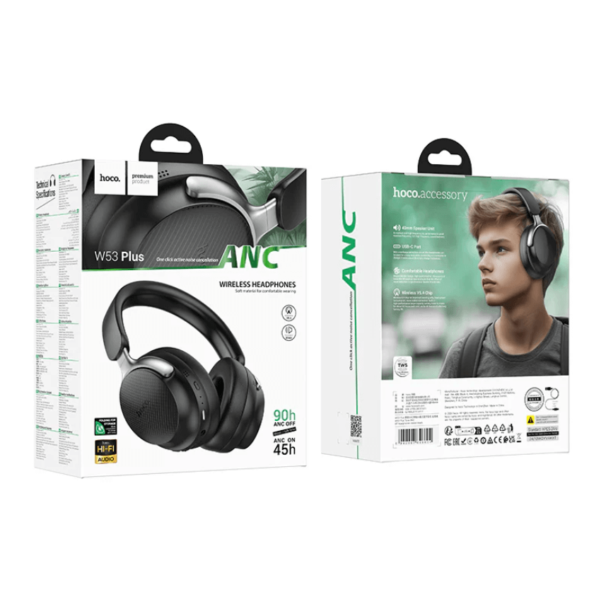 Hoco W53 Plus wireless headphones packaging with a person wearing the headphones on a white background